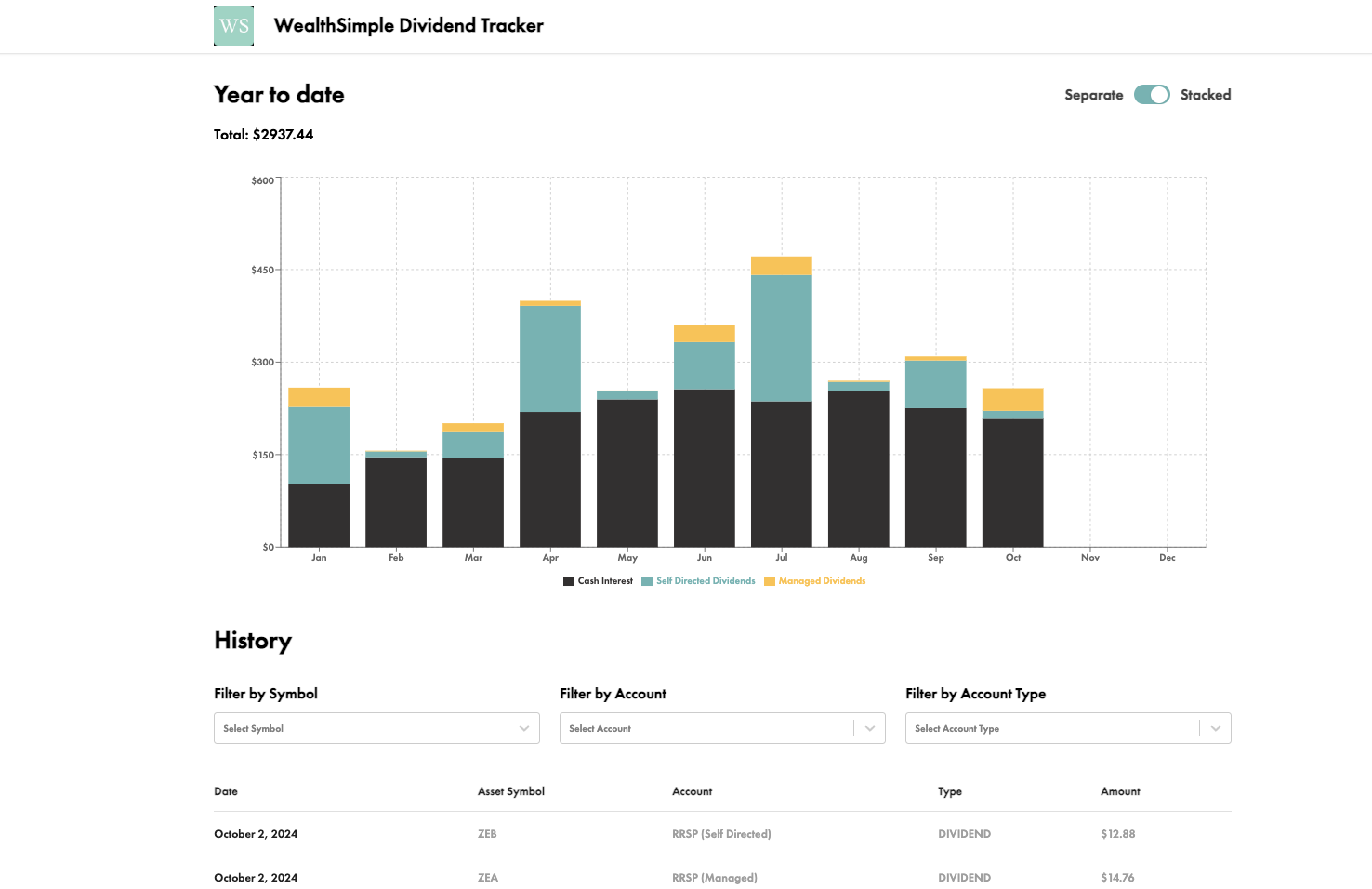 WealthSimple Dividend Tracker App Screenshot